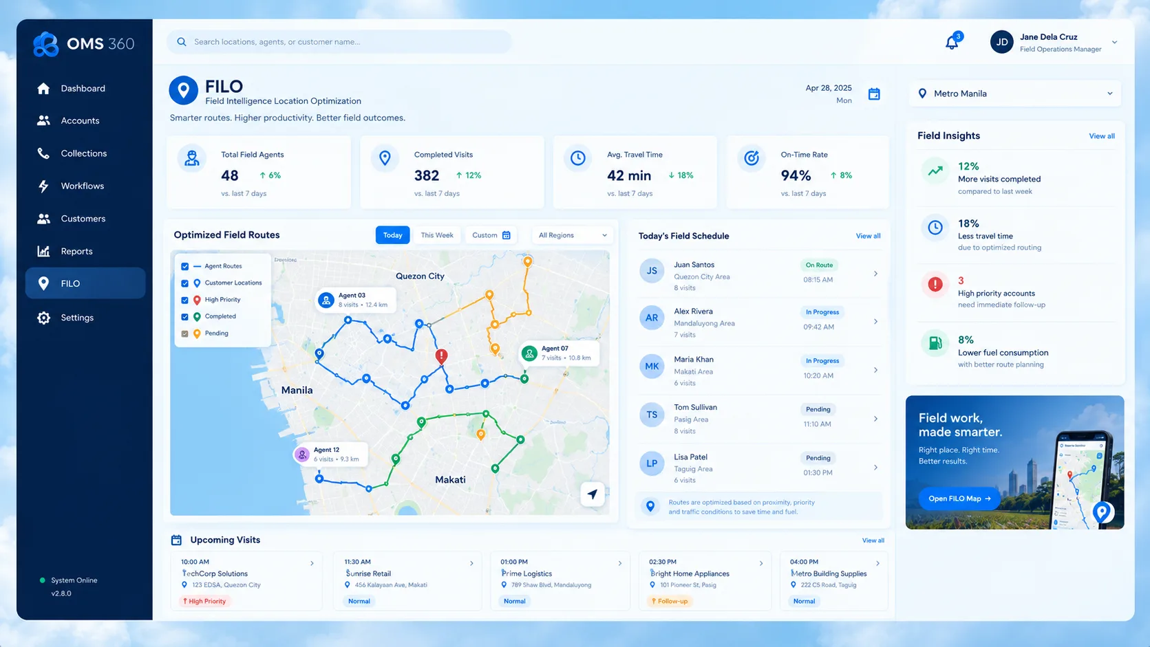 BITS FILO field intelligence interface — live geofence, visit log and debtor proof of visit